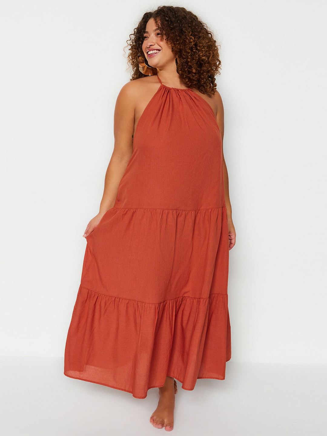 

Trendyol Halter Neck Tiered Pure Cotton Maxi Dress, Rust