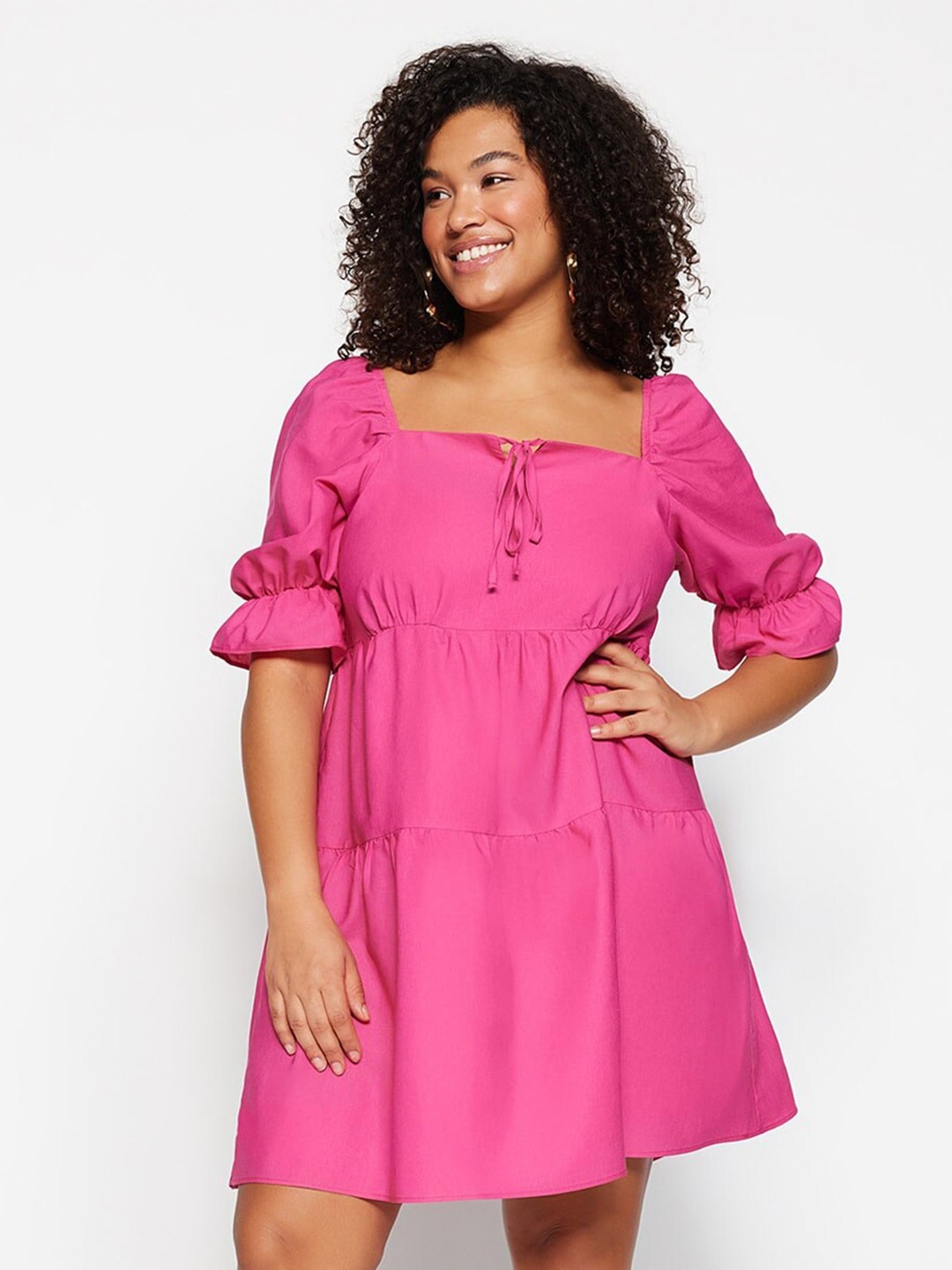 

Trendyol Tiered Square Neck Puff Sleeve Fit & Flare Dress, Na