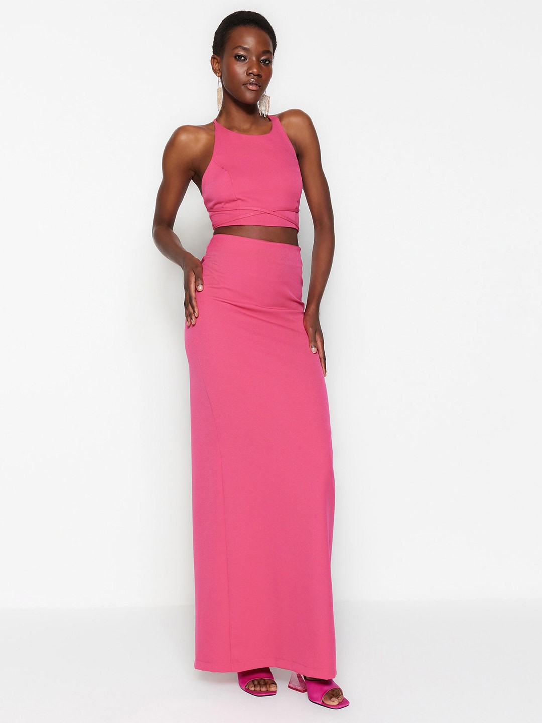 

Trendyol Tie-Up Neck Sleeveless Maxi Dress, Pink
