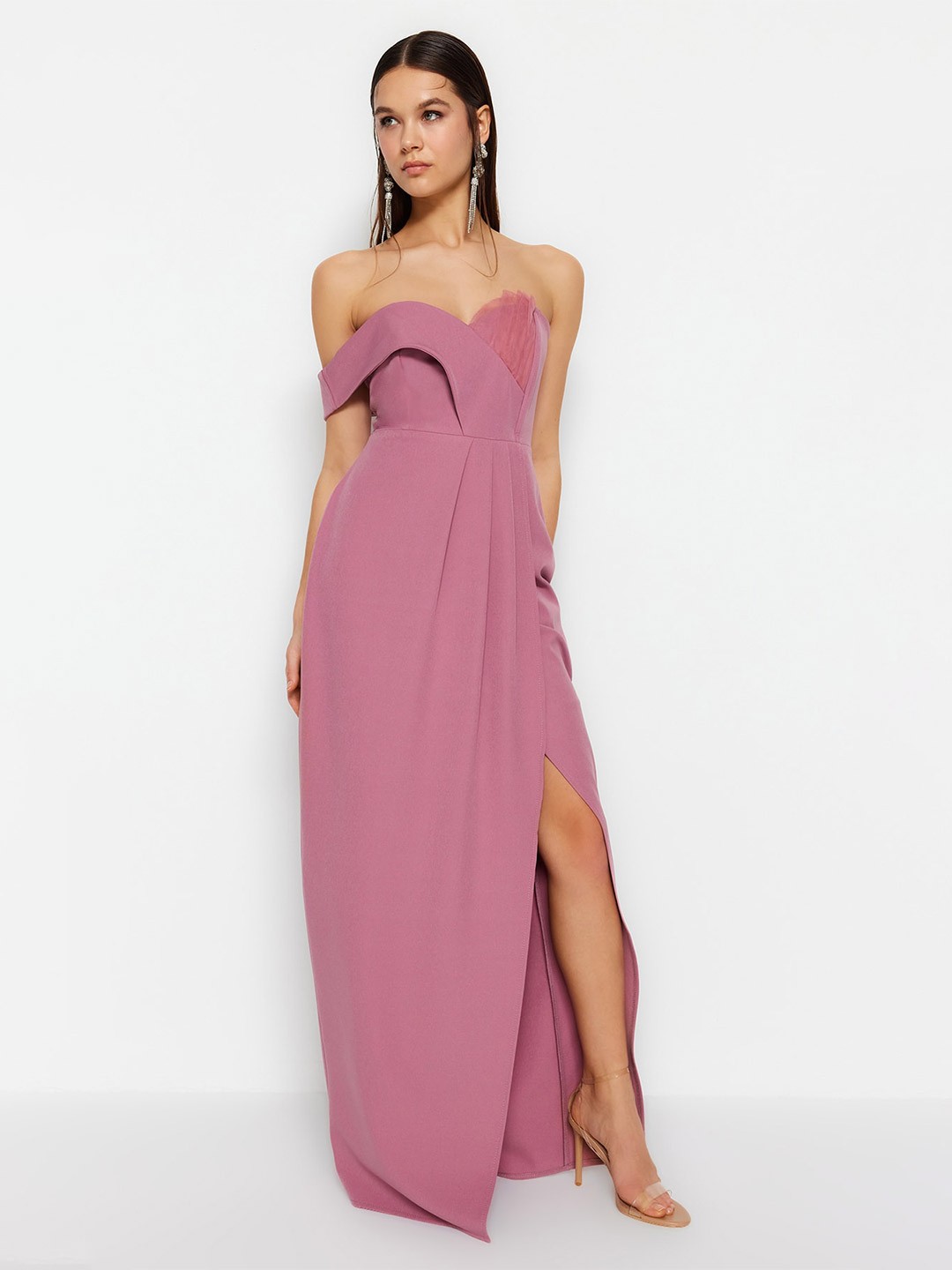 

Trendyol Off-Shoulder Pleated Maxi Dress, Na