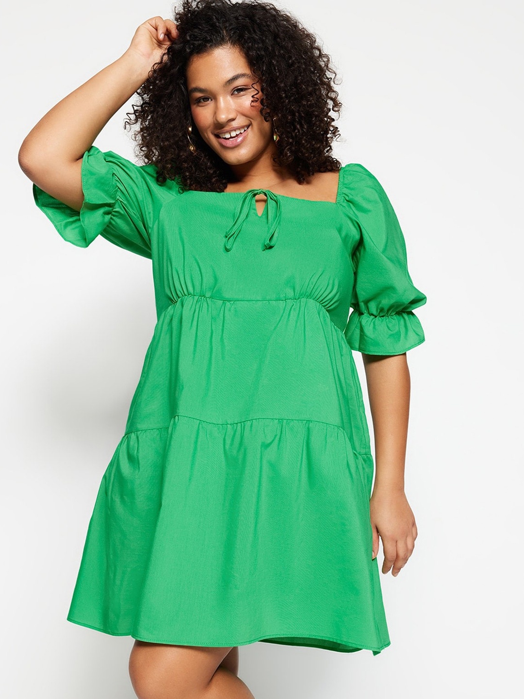 

Trendyol Tie-Up Neck Puff Sleeves Empire Dress, Green
