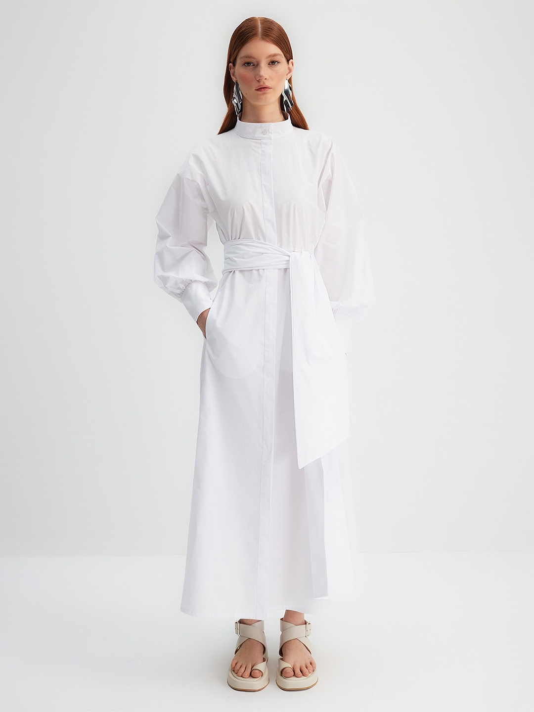 

Trendyol Bishop Sleeves Mock Neck Belted Pure Cotton Shirt Maxi Dress, White