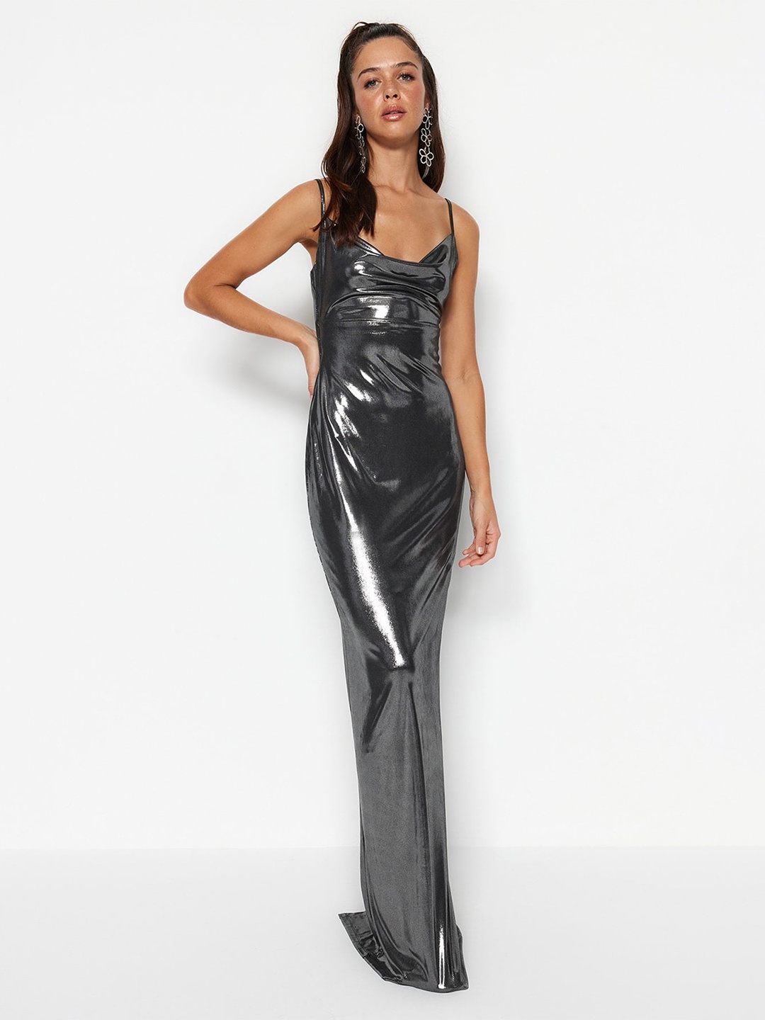 

Trendyol Shoulder Straps Back Slit Maxi Sheath Dress, Silver