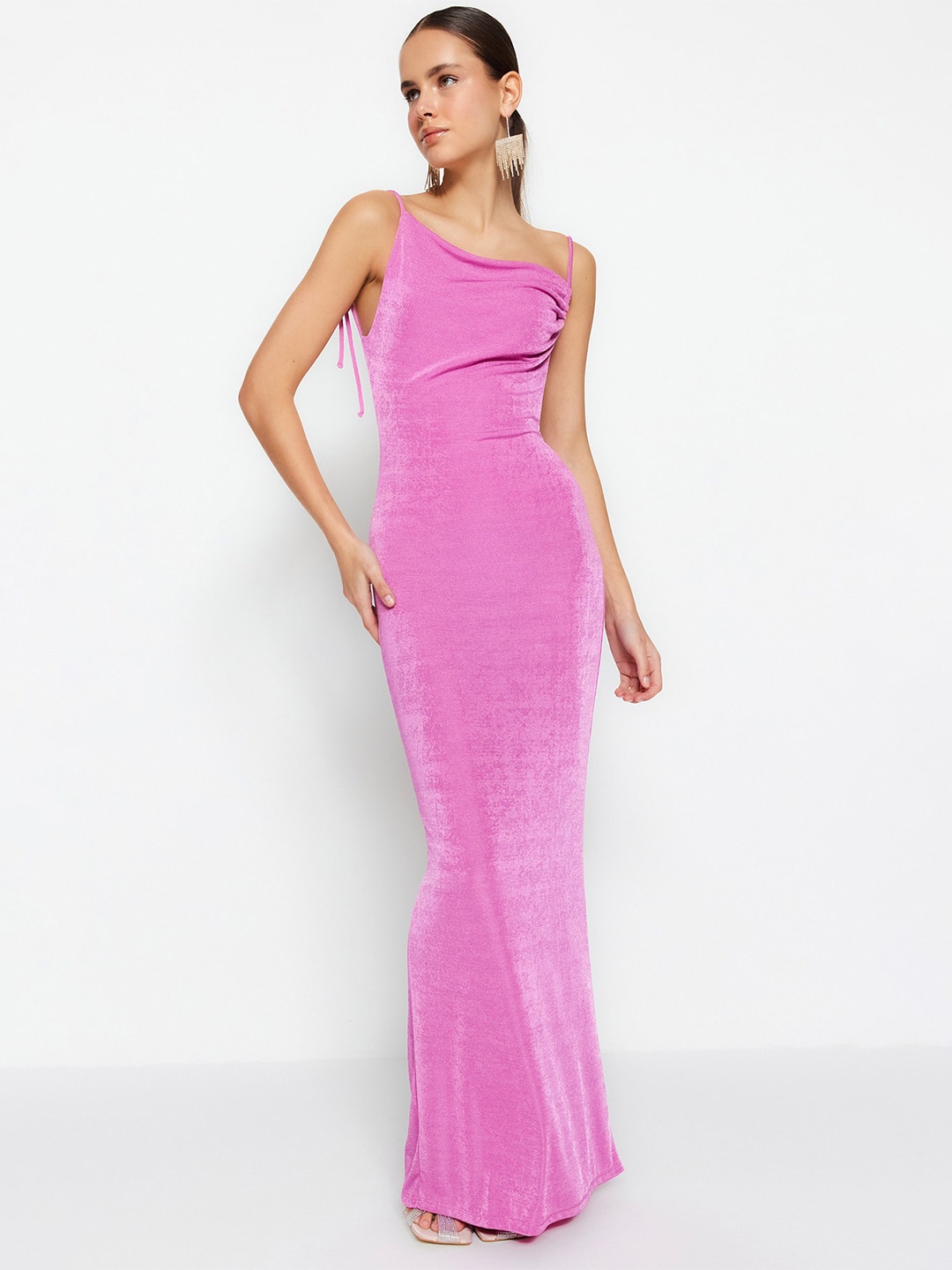 

Trendyol Tie-Up Detail Gathered Maxi Sheath Dress, Pink