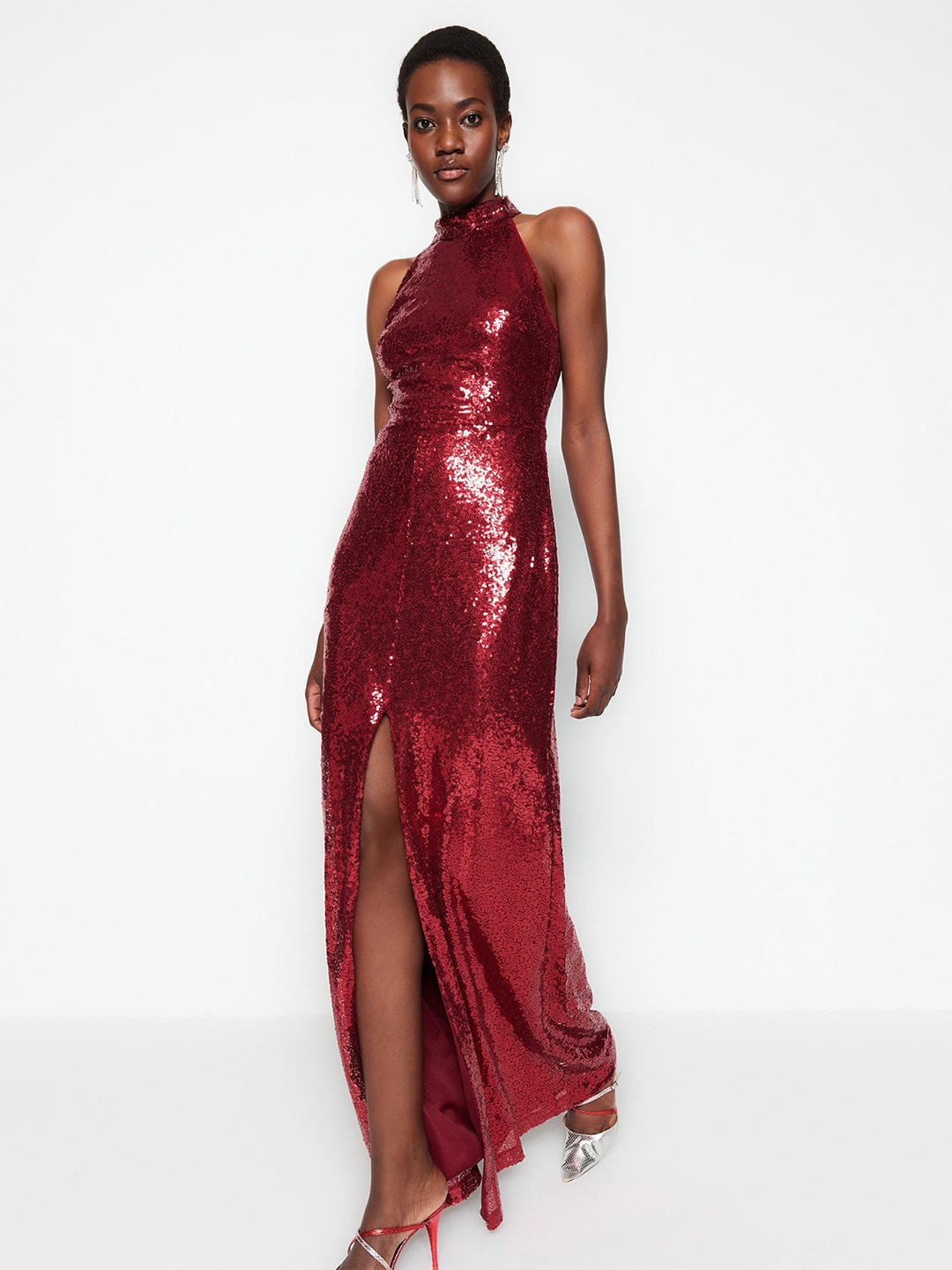 

Trendyol Embellished Sequinned Halter Neck Maxi Dress, Red