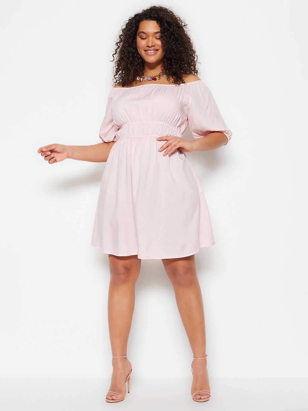 

Trendyol Off-Shoulder Flared Sleeve Fit & Flare Dress, Pink