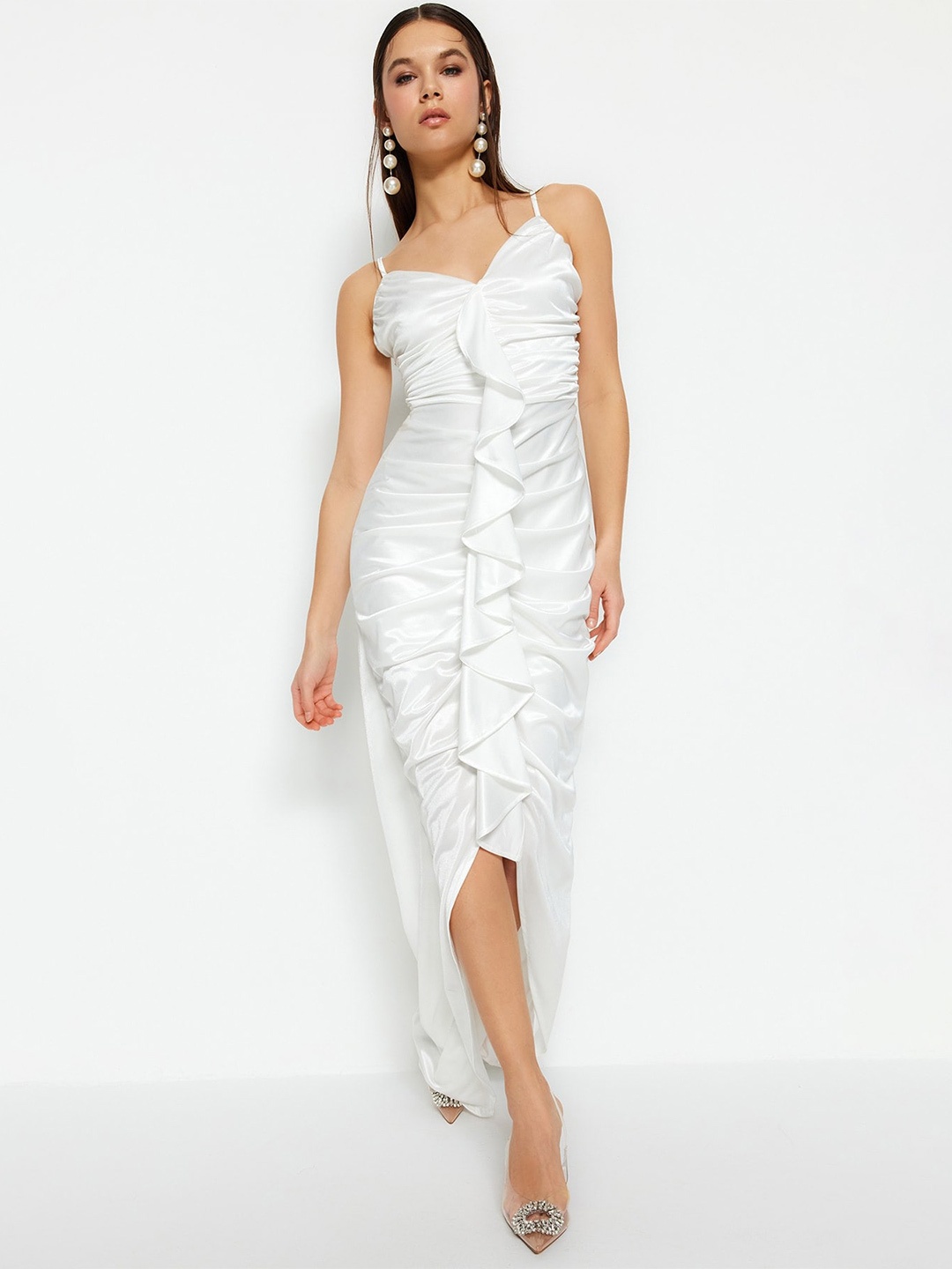 

Trendyol Ruffled Shoulder Straps Sheath Maxi Dress, White