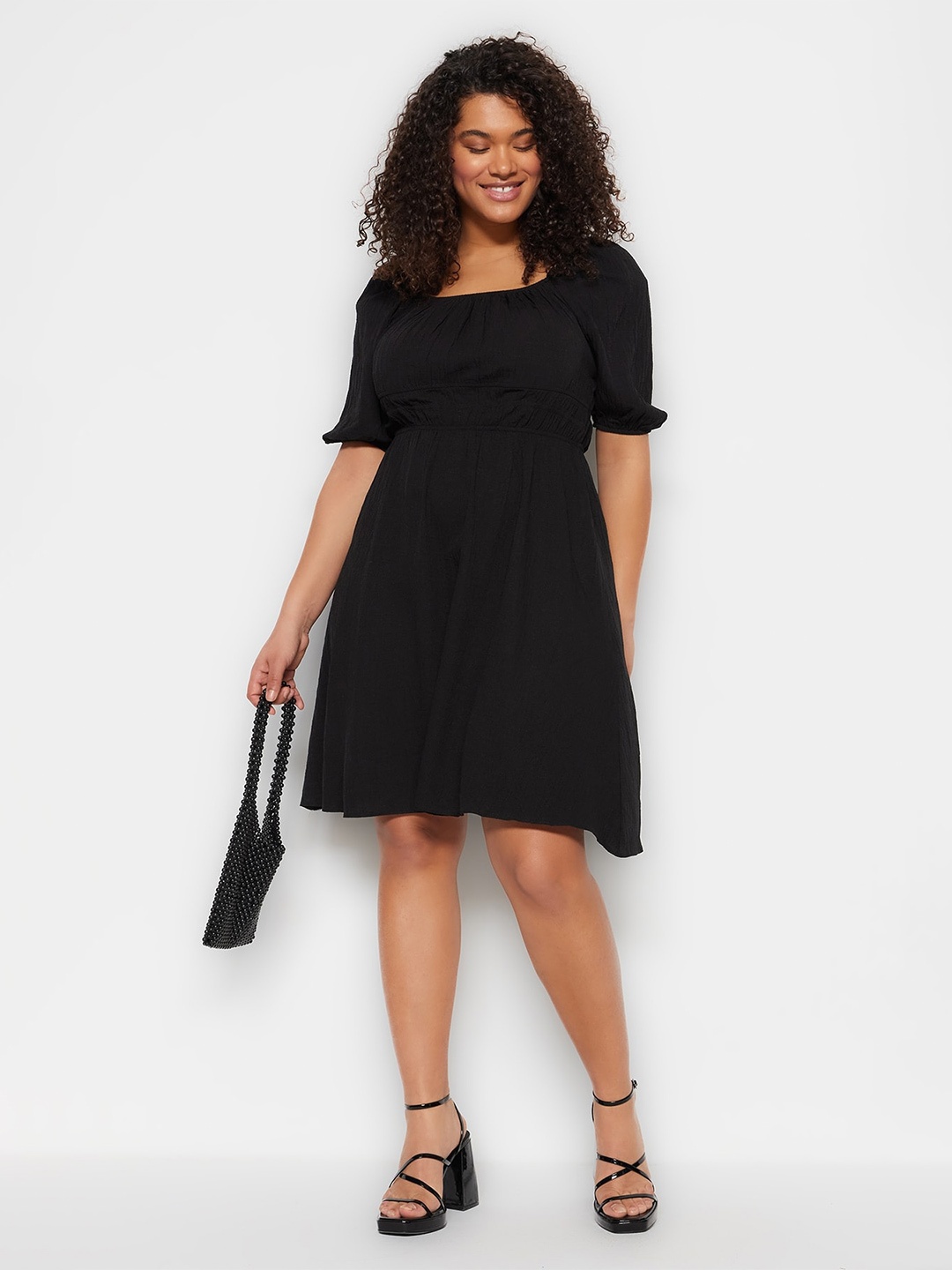 

Trendyol Smocked Square Neck Puff Sleeves Fit & Flare Dress, Black