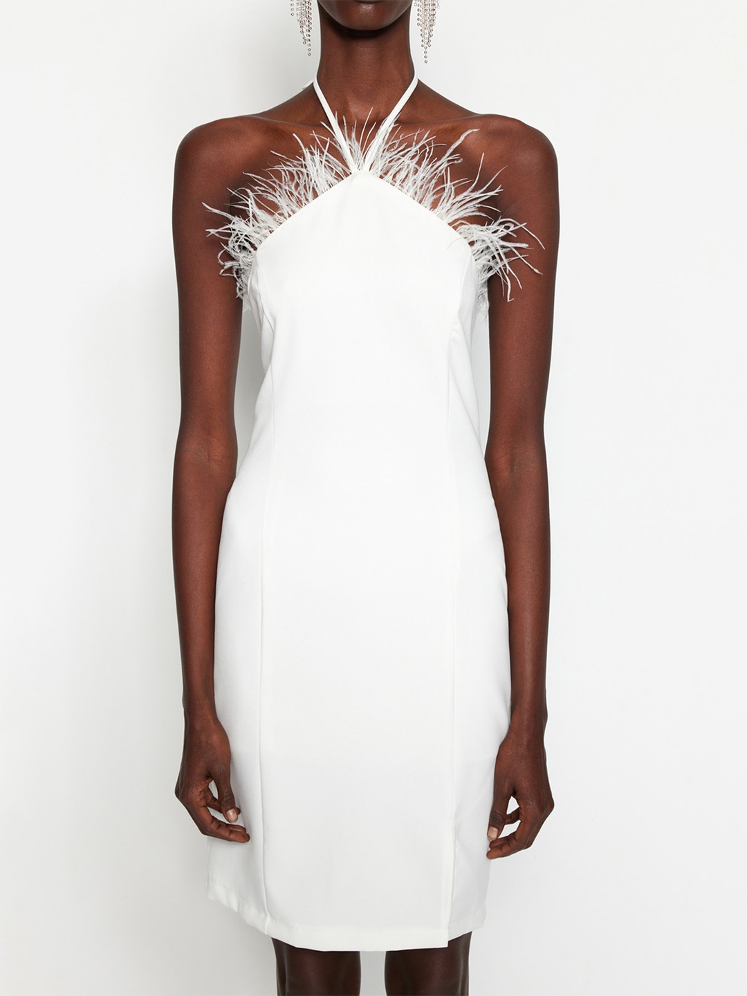 

Trendyol Halter Neck Feather Trim Sheath Dress, White