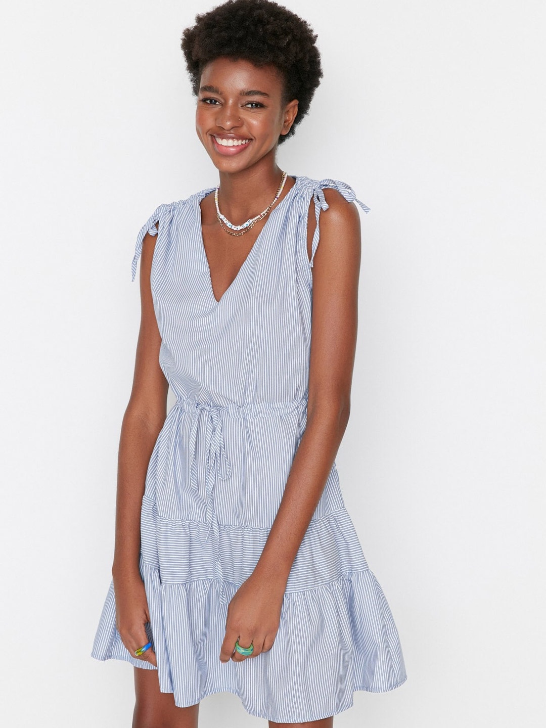 

Trendyol V-Neck Striped Fit & Flare Dress, Blue