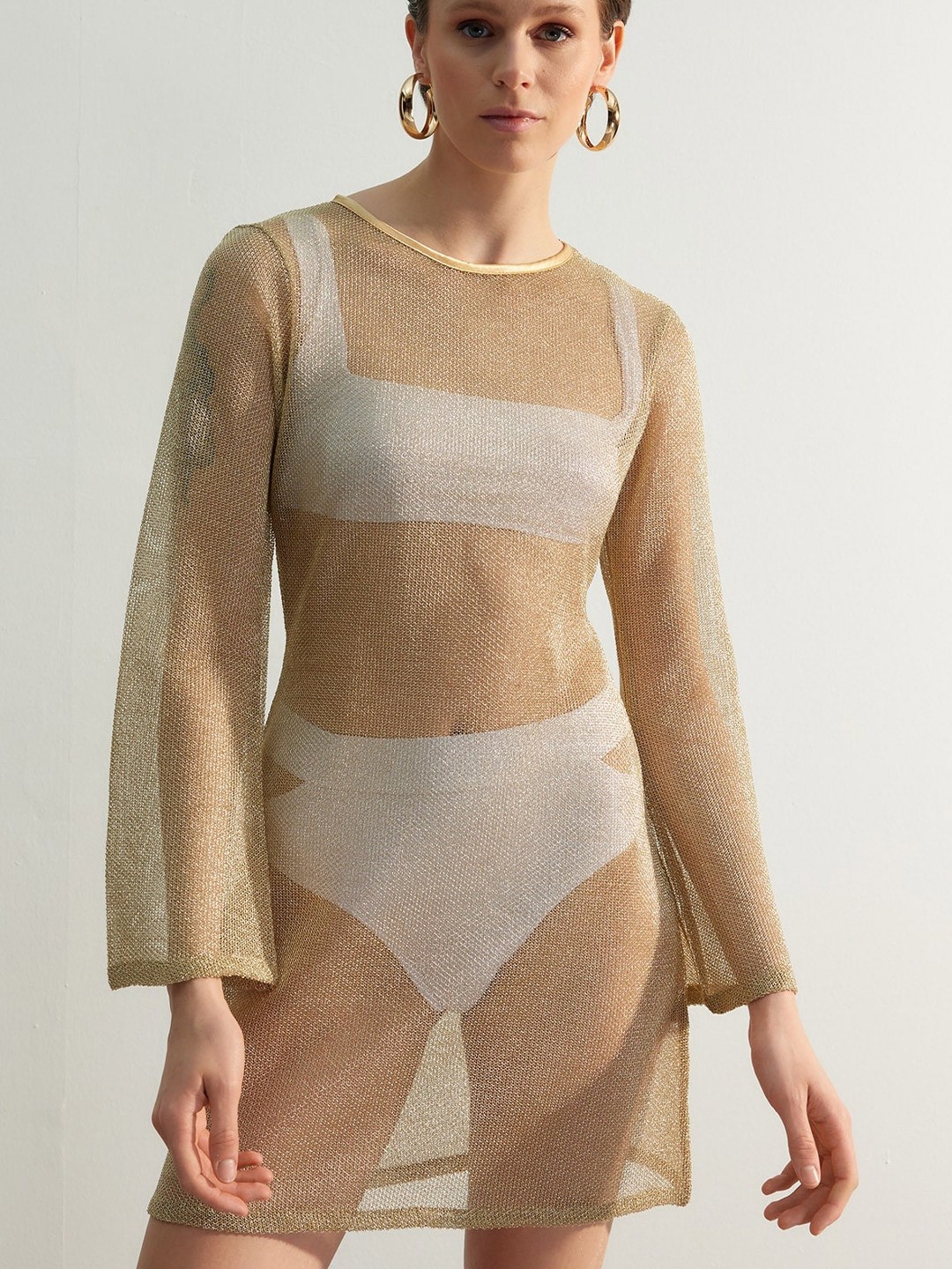 

Trendyol Self Design Sheer A-Line Dress, Gold