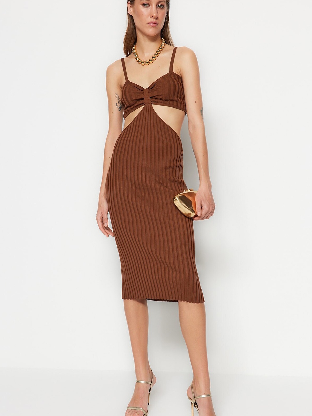 

Trendyol Shoulder Straps Cut Outs Fit & Flare Dress, Brown