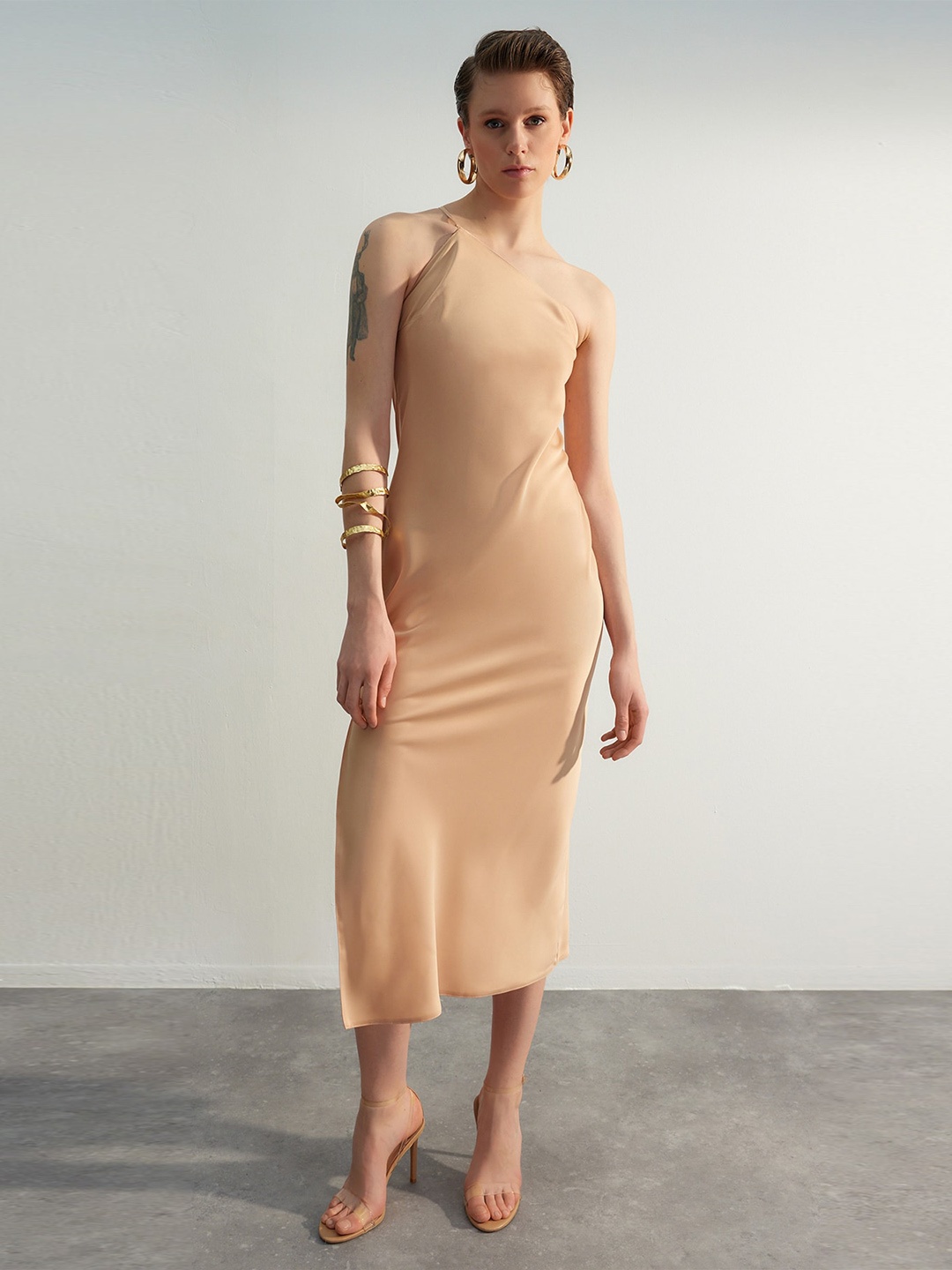 

Trendyol One Shoulder Sheath Midi Dress, Beige
