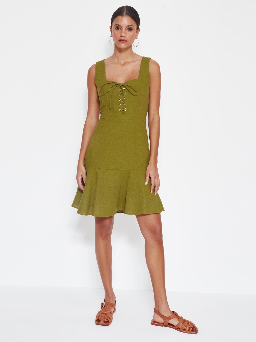 

Trendyol Tie Up Neck A-Line Dress, Olive