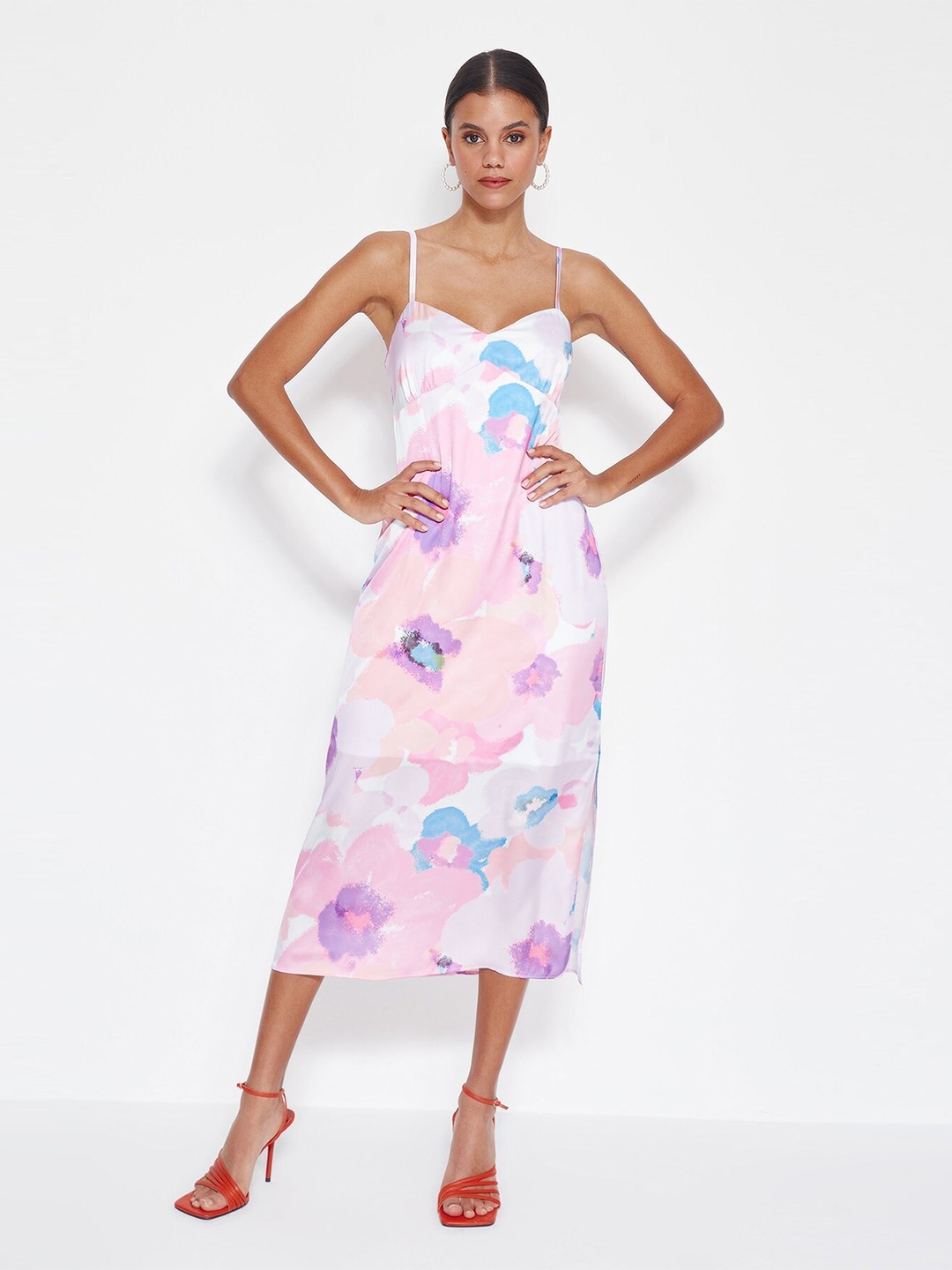 

Trendyol Floral Printed Tie-Up A-Line Midi Dress, Pink