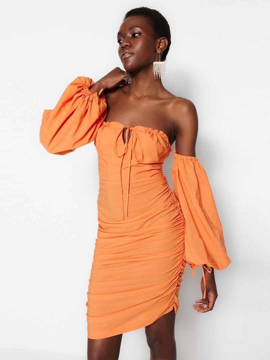 

Trendyol Off-Shoulder Puff Sleeve Bodycon Dress, Orange