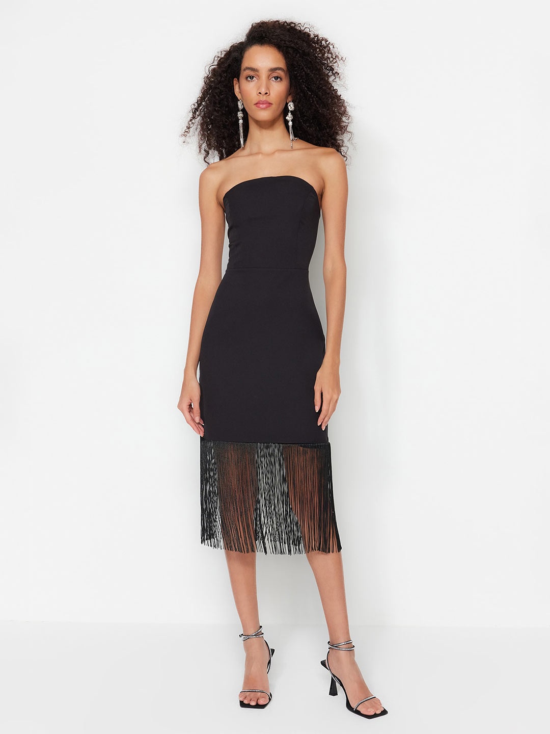 

Trendyol Strapless Fringed Sheath Midi Dress, Black