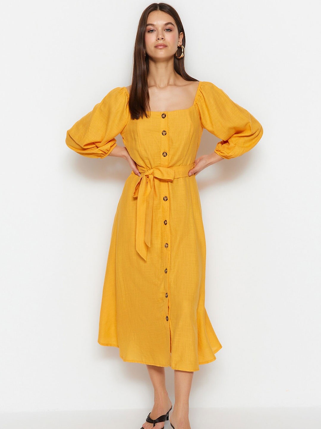 

Trendyol Square Neck Balloon Sleeve Smocked Midi Dress, Orange