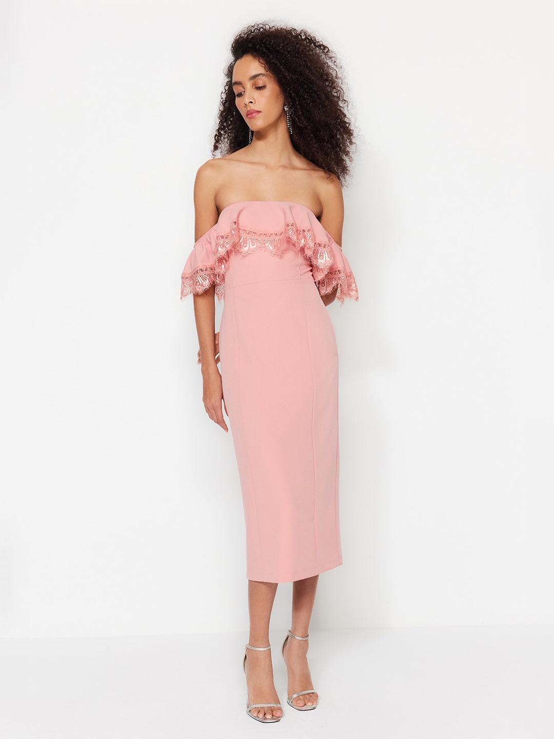 

Trendyol Off-Shoulder Lace Detailed Bodycon Midi Dress, Mauve