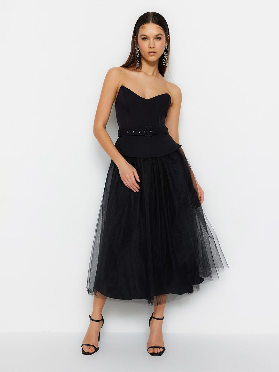

Trendyol Strapless Tulle Belted Net Fit & Flare Midi Dress, Black