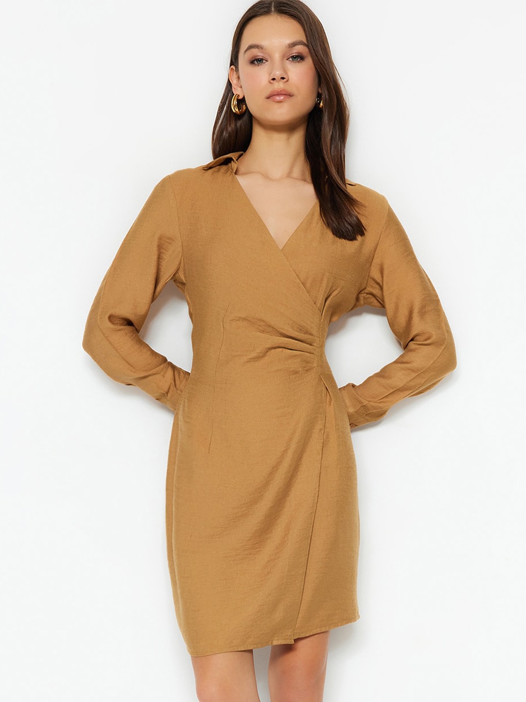 

Trendyol V-Neck Cuffed Sleeve Wrap Dress, Tan