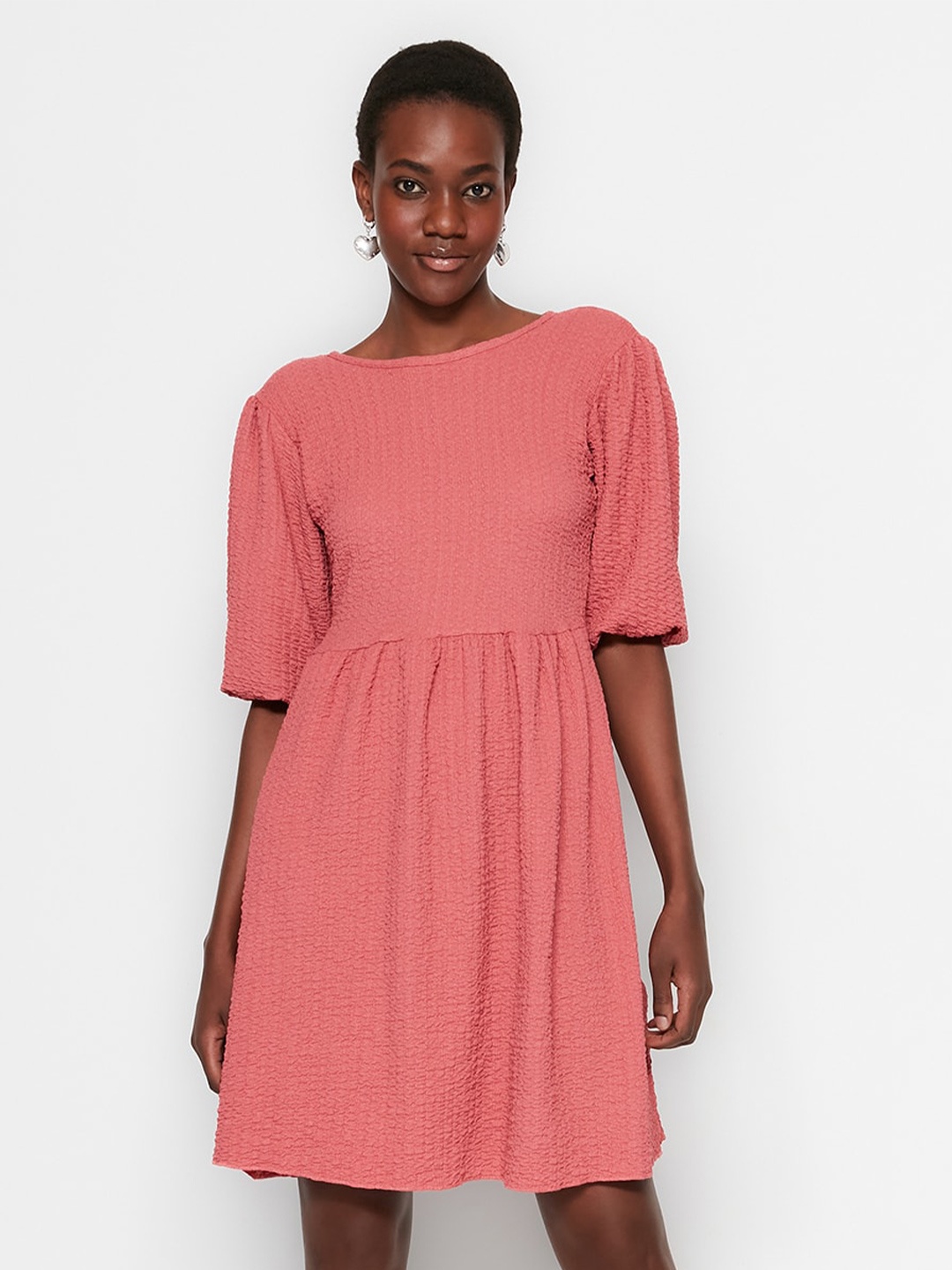 

Trendyol Self Design Puff Sleeve Fit & Flare Dress, Pink