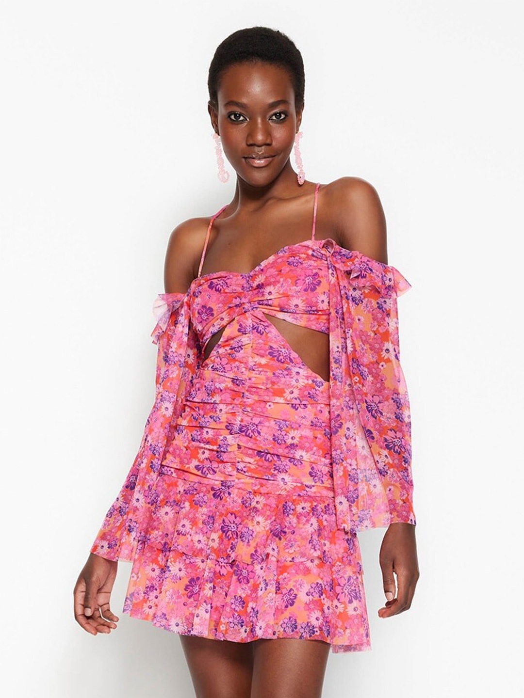 

Trendyol Floral Printed Off-Shoulder A-Line Mini Dress, Pink