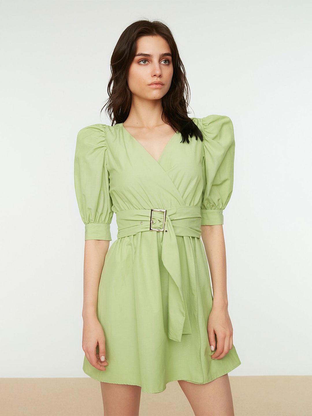 

Trendyol Puff Sleeve Belted Wrap Dress, Green