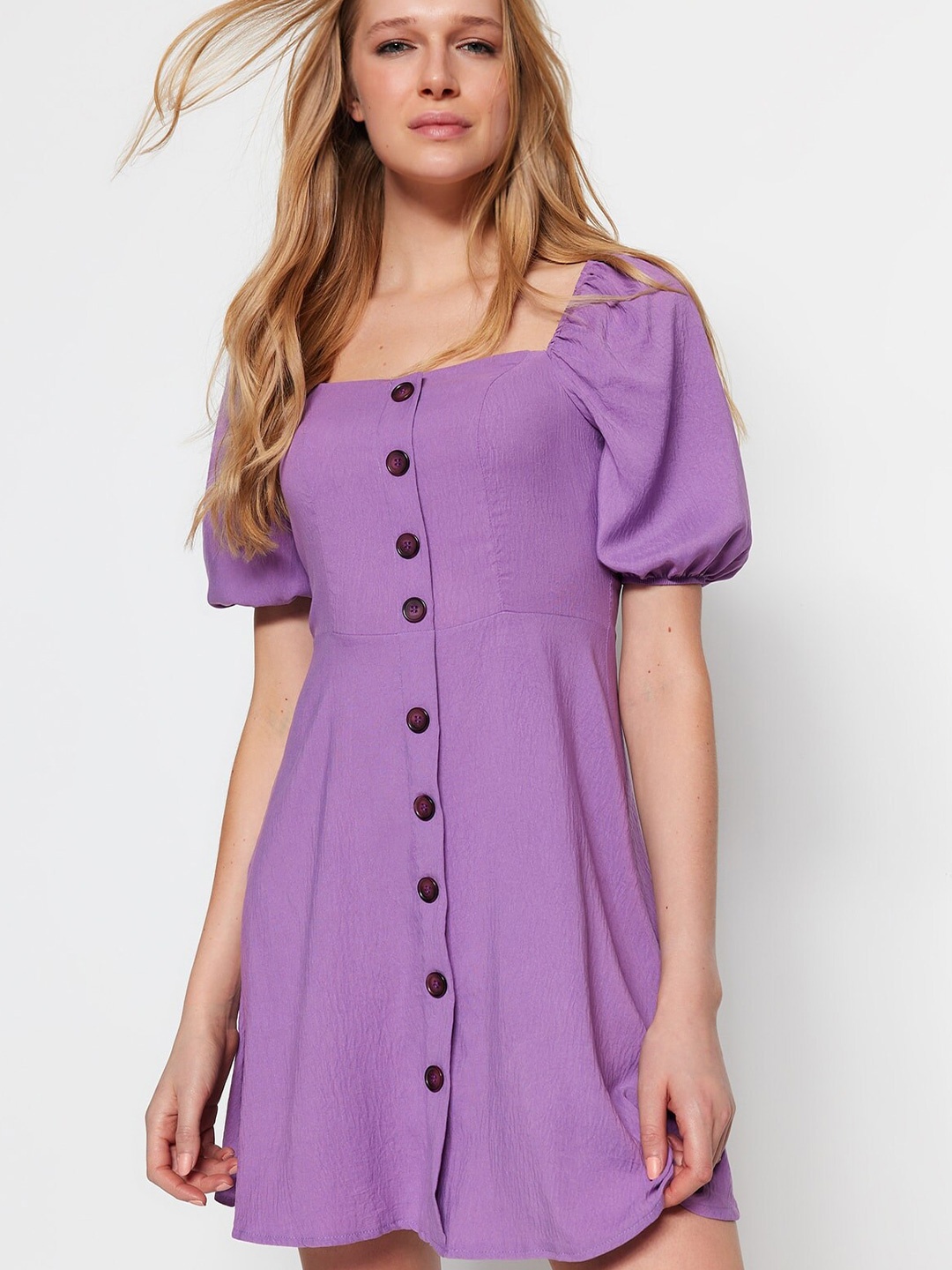 

Trendyol Square Neck Puff Sleeves A-Line Mini Dress, Purple