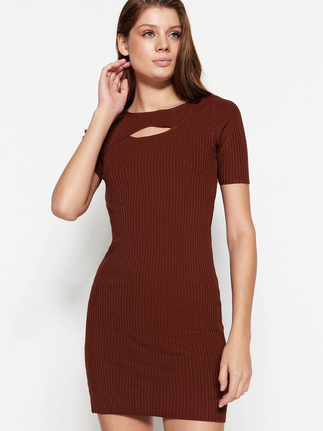 

Trendyol Ribbed Cut-Outs Bodycon Mini Dress, Brown