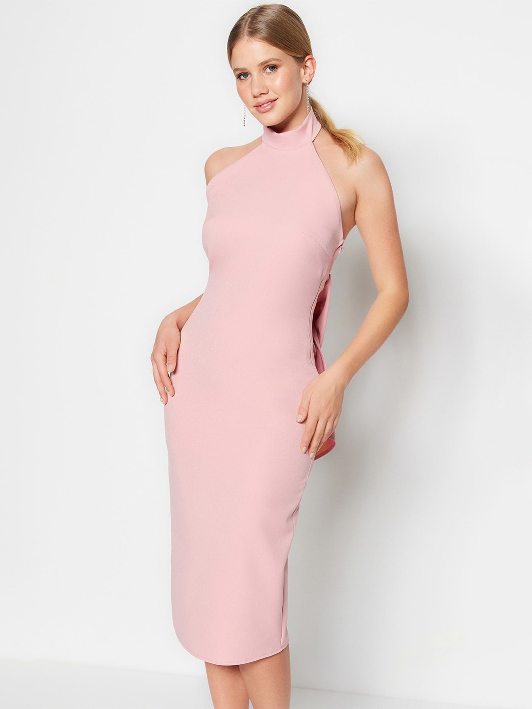 

Trendyol Halter Neck Bow Detailed Bodycon Dress, Pink