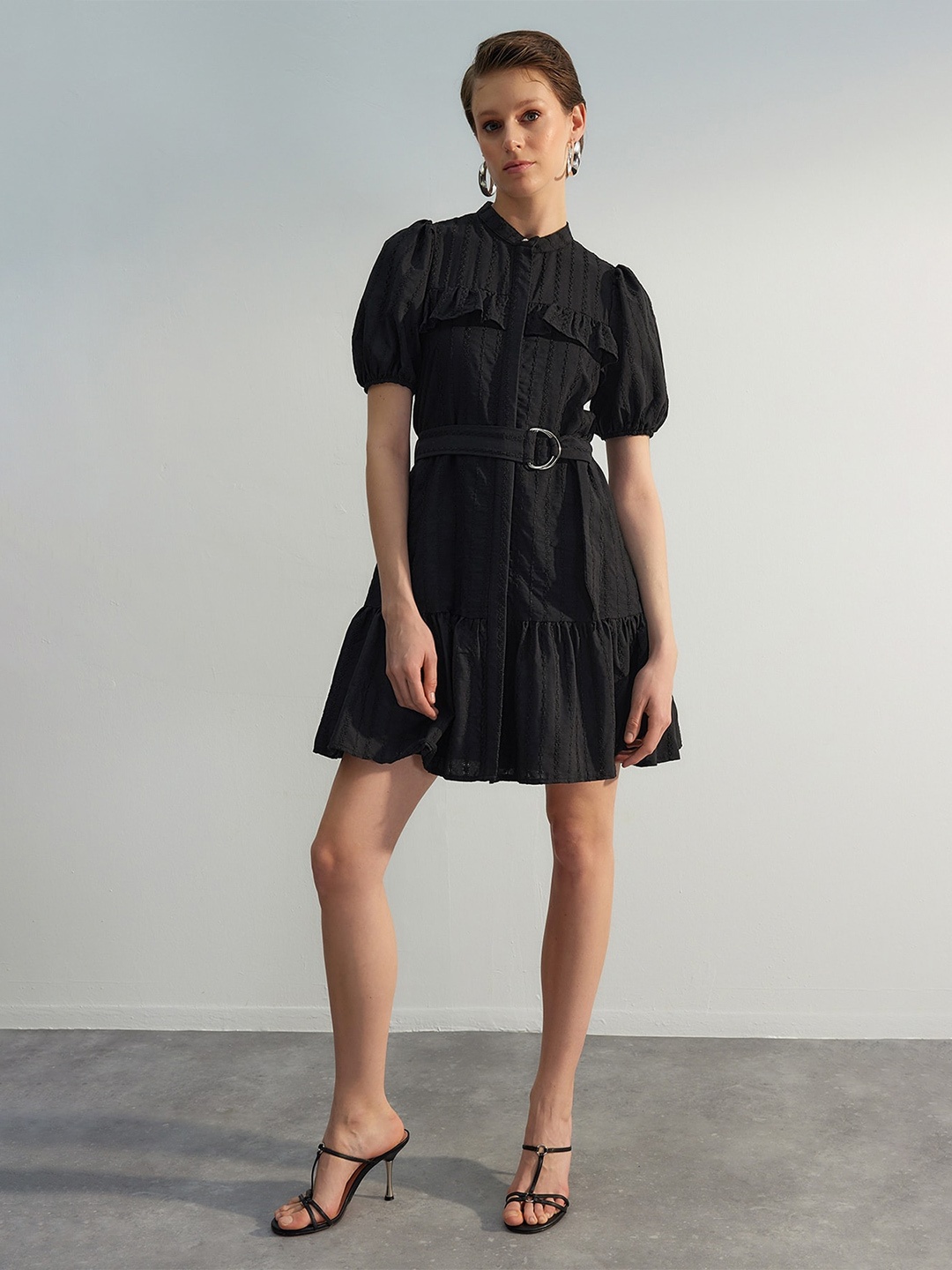 

Trendyol Self Design Belted Puff Sleeves A-Line Dress, Black