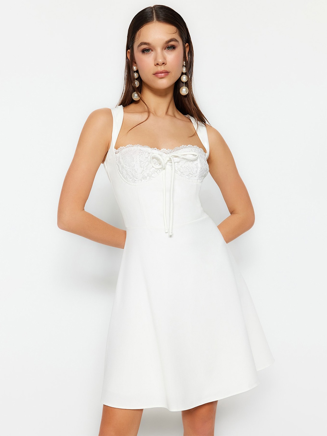 

Trendyol Sweetheart Neck Lace Inserts Fit & Flare Dress, White