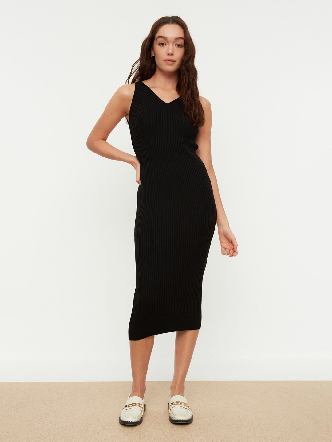 

Trendyol Self Design V-Neck Bodycon Midi Dress, Black