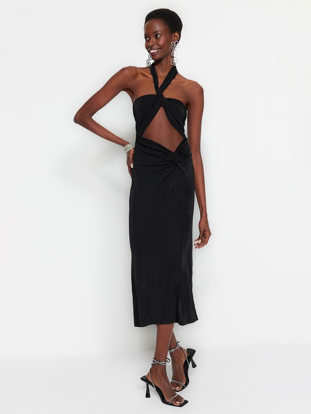 

Trendyol Halter Neck Cut Outs Sheath Midi Dress, Black