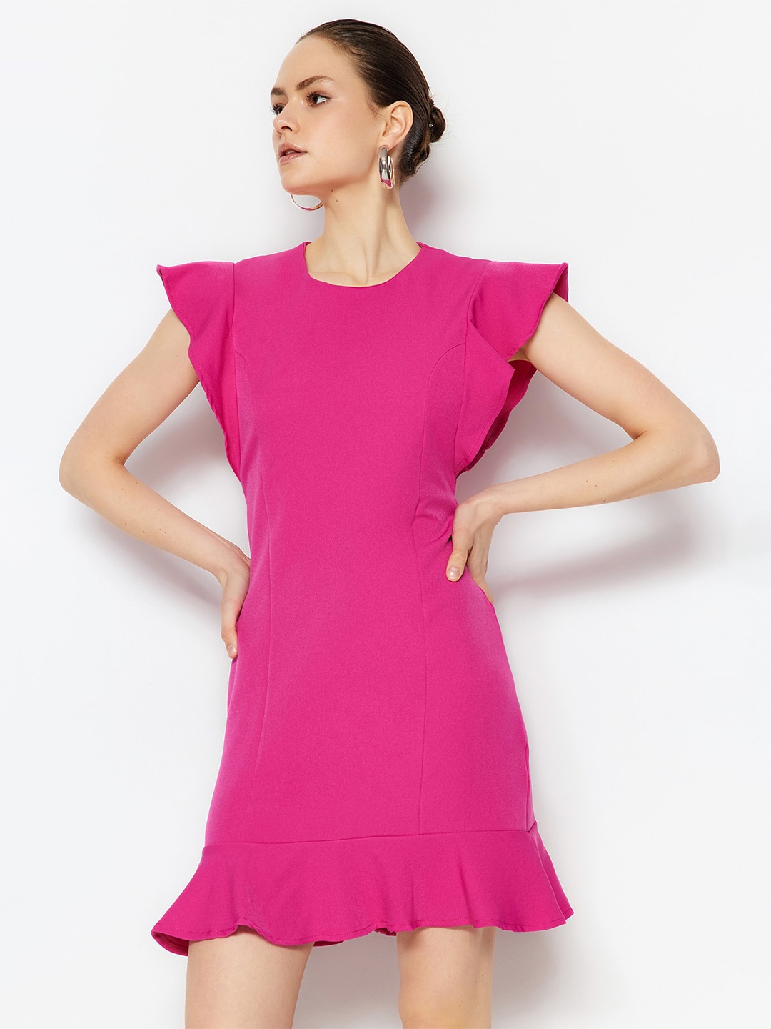 

Trendyol Flutter Sleeve Ruffled Drop-Waist Mini Dress, Pink