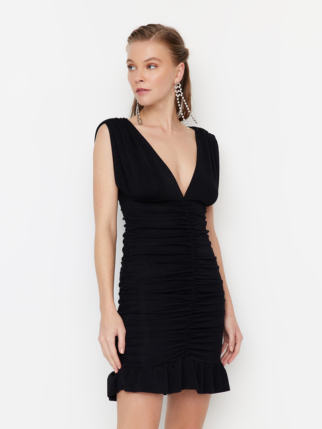 

Trendyol V-neck Sleeveless Ruched Sheath Mini Dress, Black