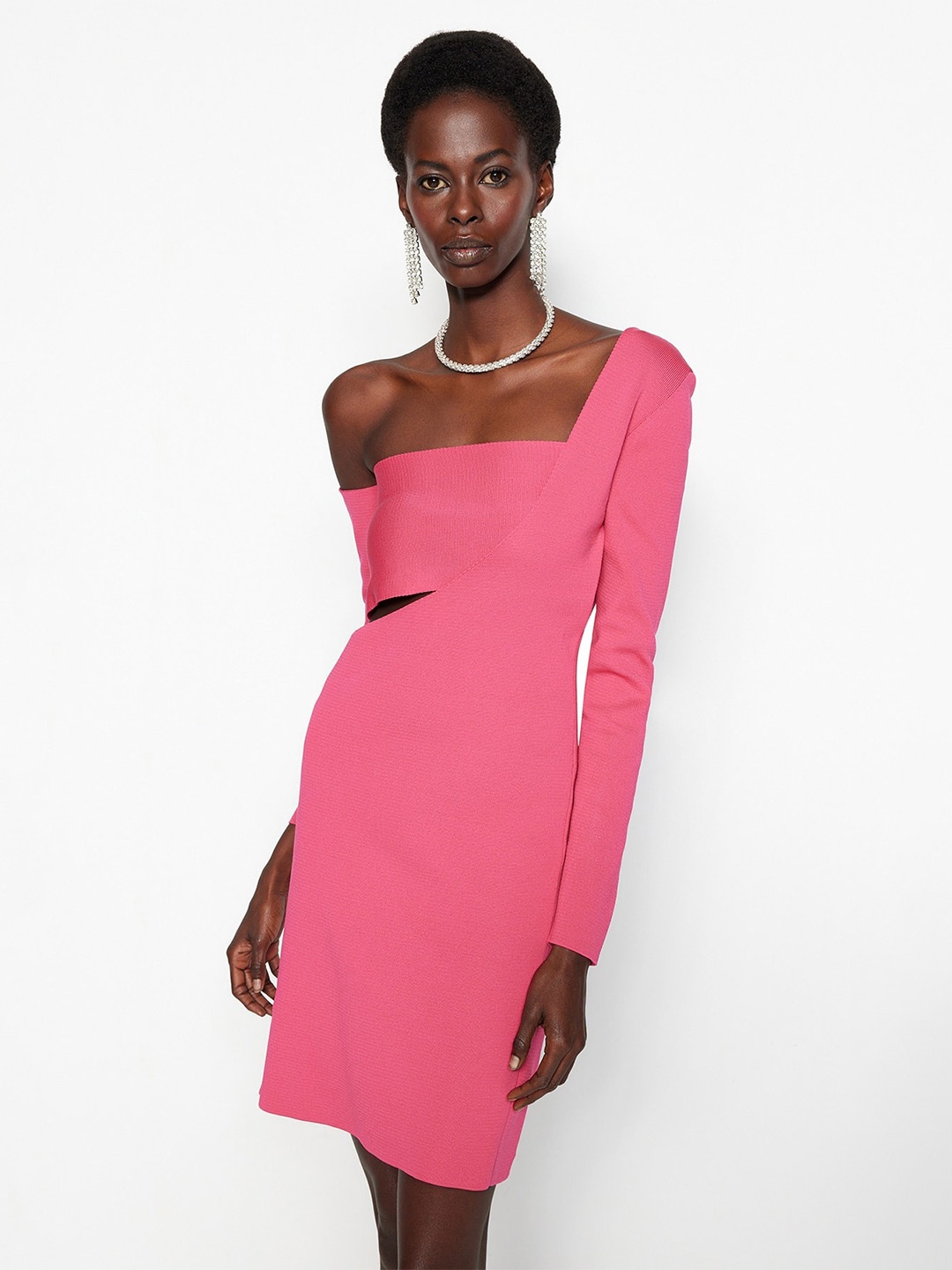 

Trendyol Asymmetric Neck Cut-Out Detail Sheath Dress, Pink