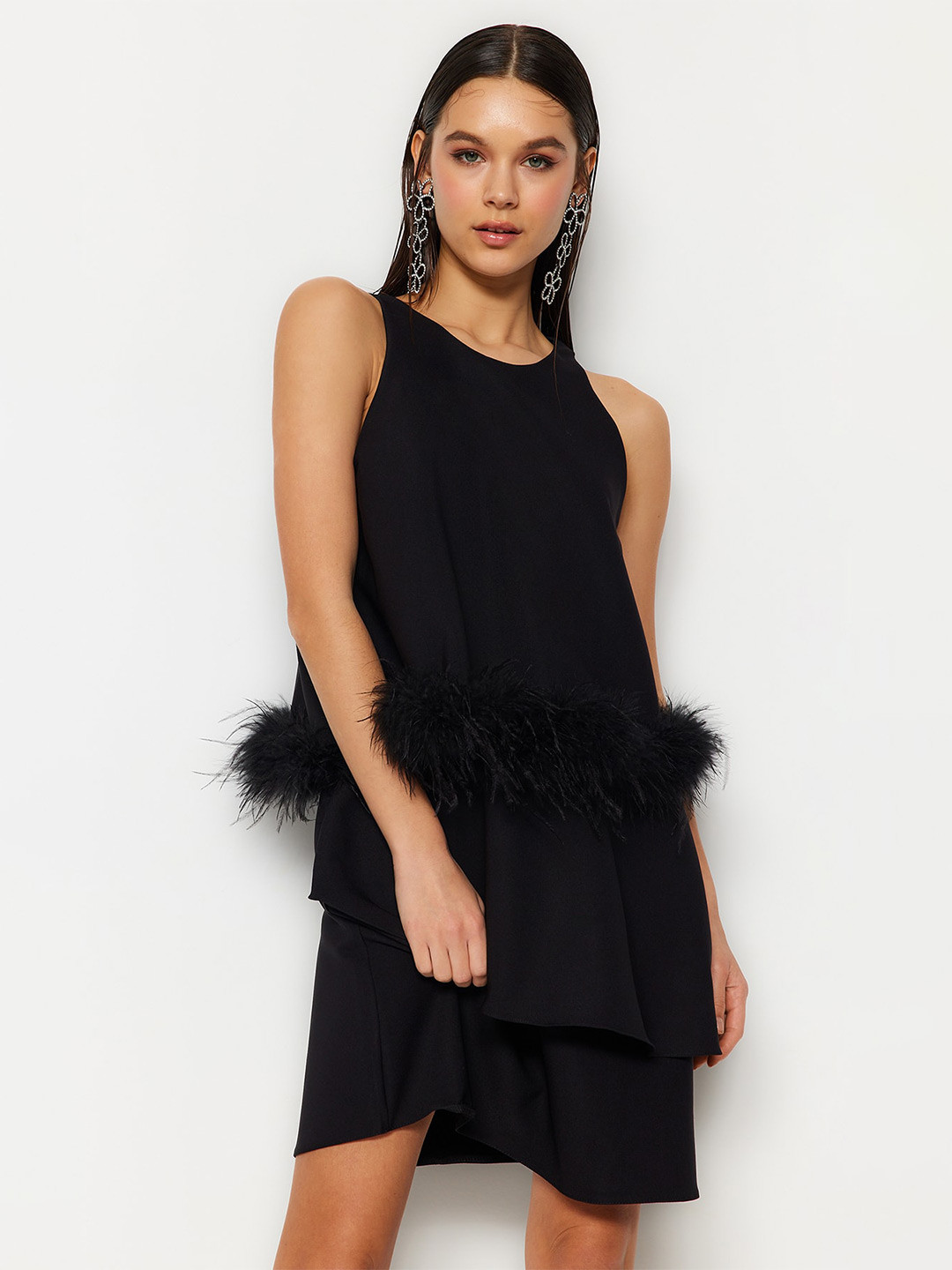 

Trendyol Sleeveless Faux Fur Trim Layered A-Line Dress, Black