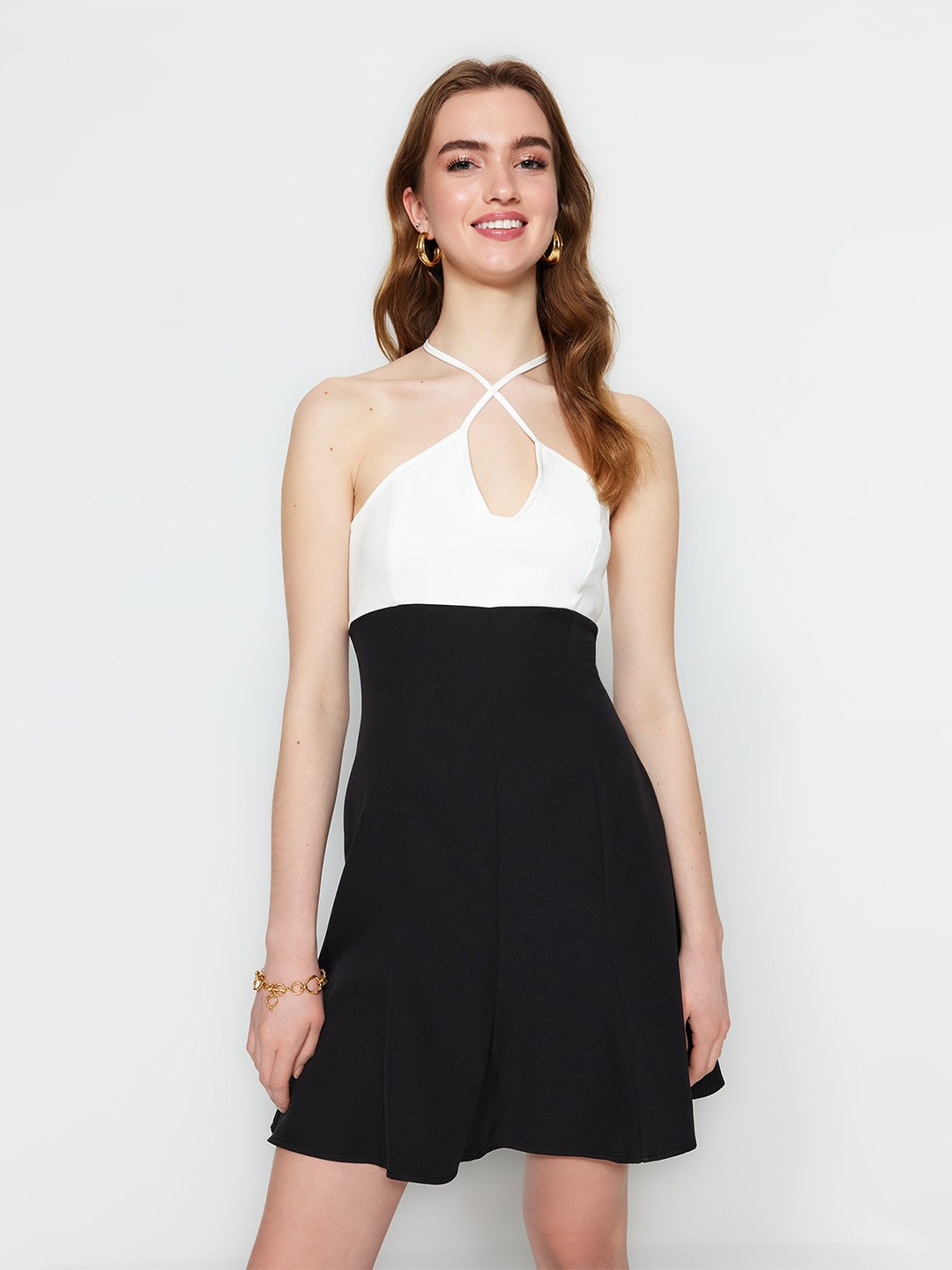 

Trendyol Colourblocked Halter Neck Fit & Flare Mini Dress, White