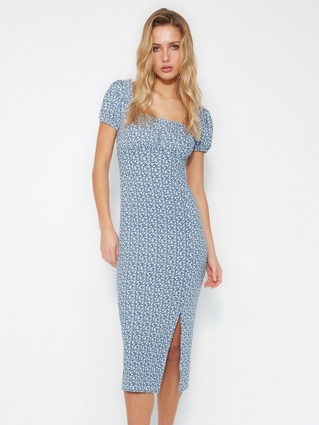 

Trendyol Floral Printed Square Neck Puff Sleeve Sheath Midi Dress, Blue