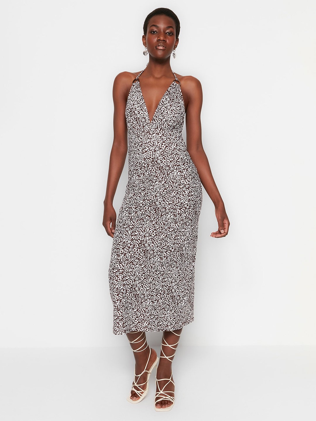 

Trendyol Floral Print Backless Midi Dress, Brown