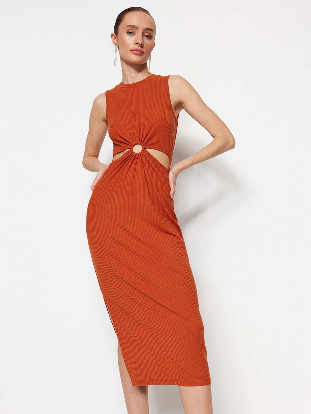 

Trendyol Self Design Cut-Out Detail Sheath Midi Dress, Orange