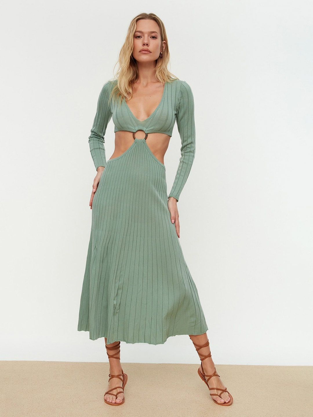 

Trendyol Self Design V-Neck Fit & Flare Midi Dress, Sea green