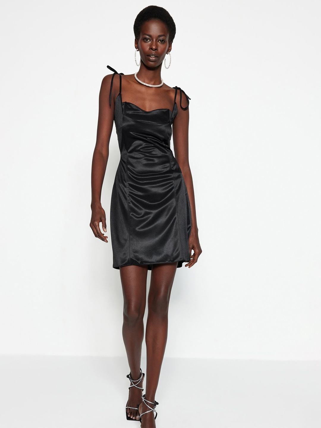

Trendyol Shoulder Straps Ruched Satin Sheath Dress, Black