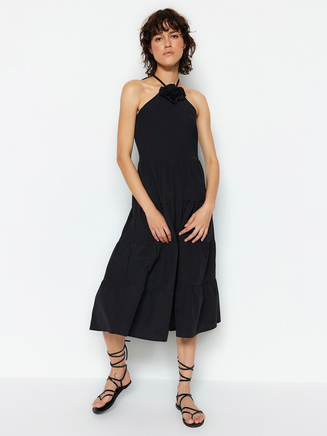 

Trendyol Halter Neck Pure Cotton Fit & Flare Midi Dress, Black