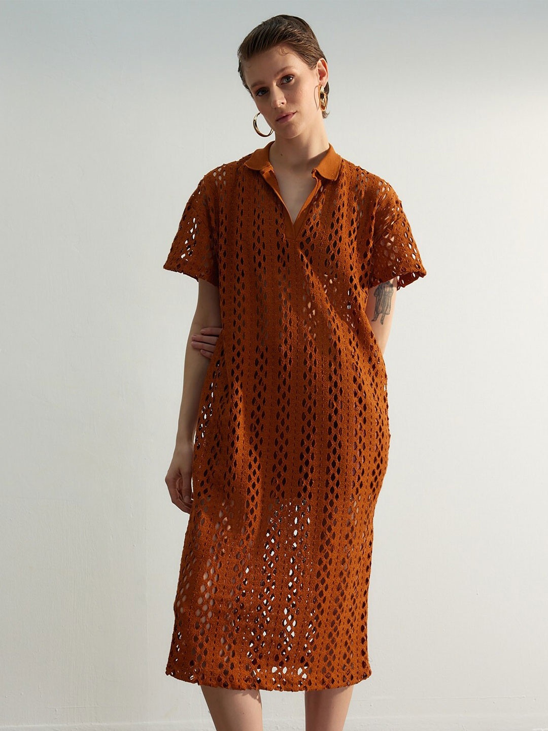 

Trendyol Self Design Shirt Collar A-Line Dress, Brown