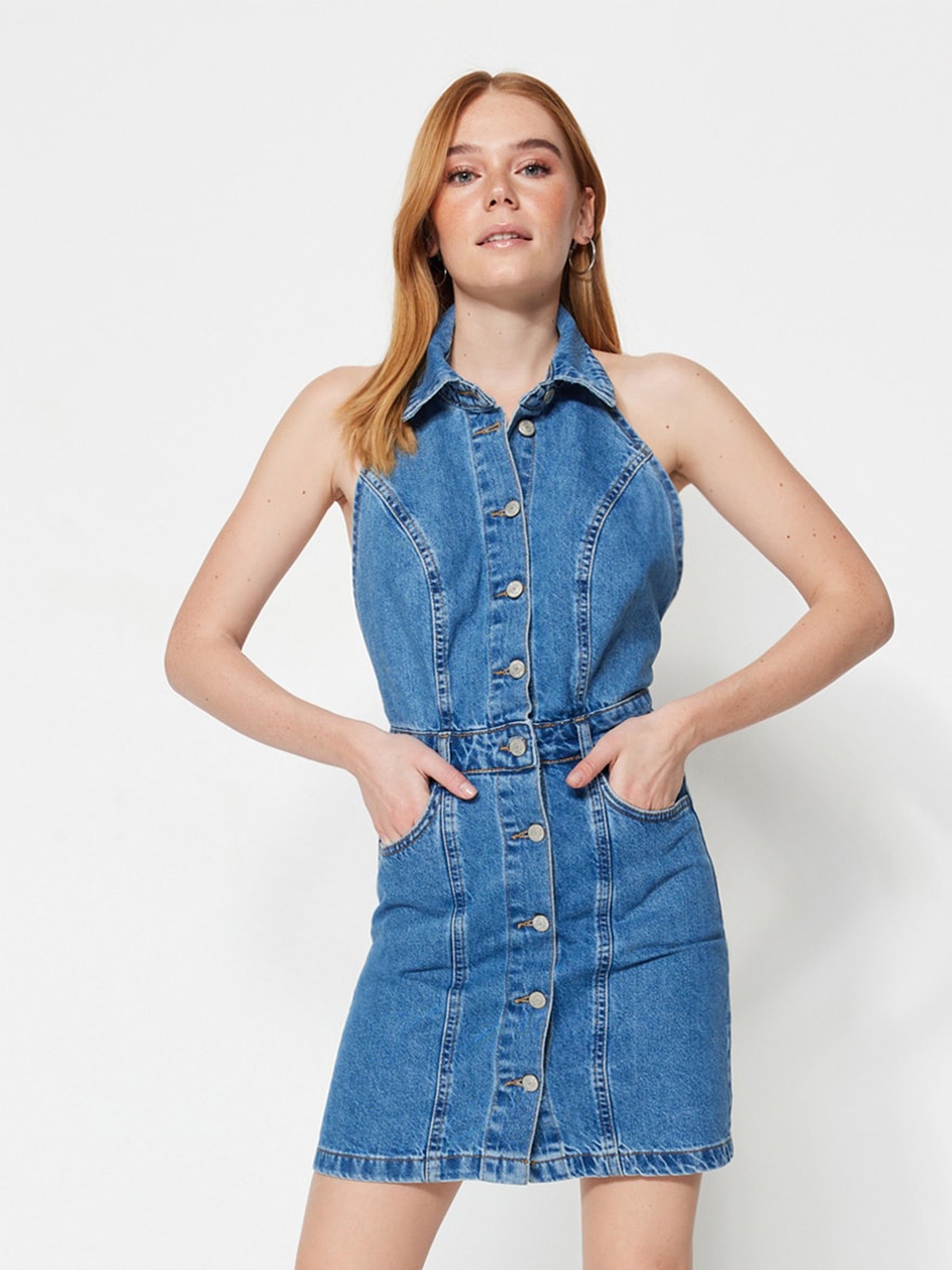 

Trendyol Shirt Collar Pure Cotton Shirt Mini Dress, Blue