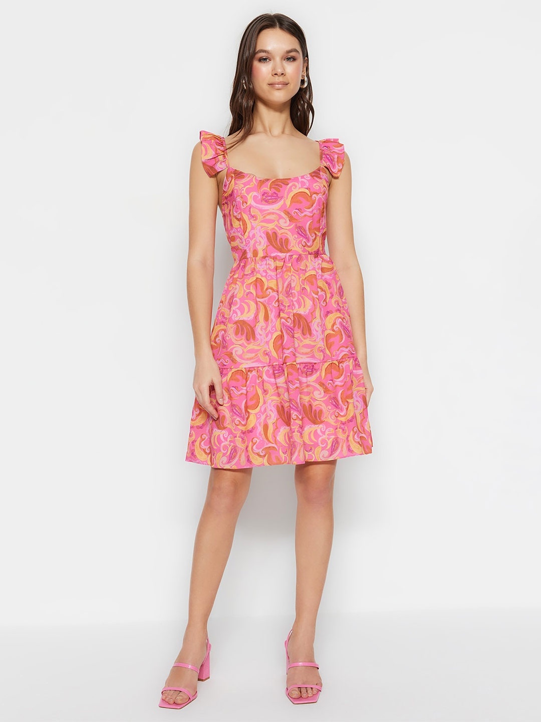 

Trendyol Floral Printed Square Neck Fit & Flare Dress, Pink