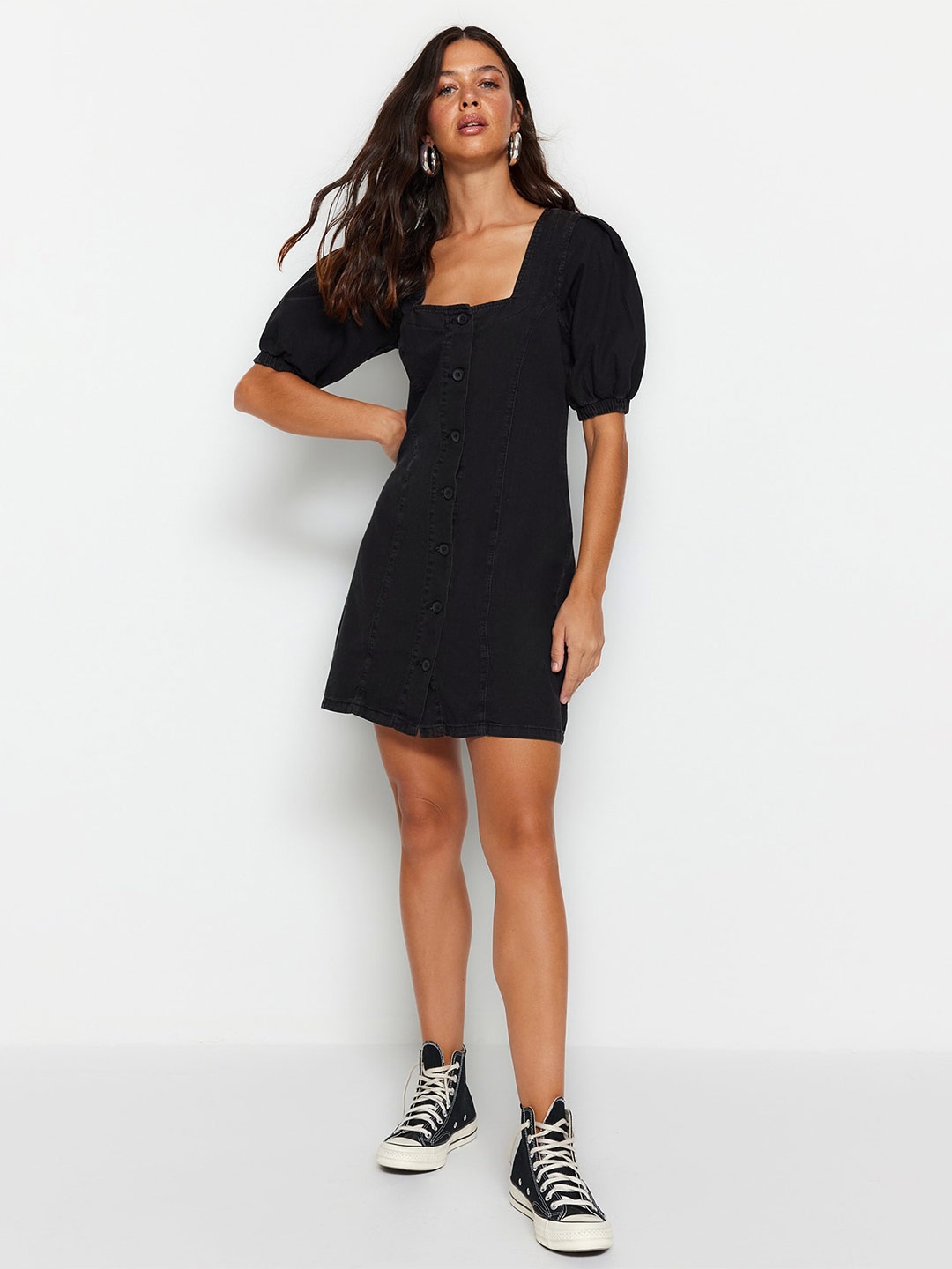 

Trendyol Puff Sleeves A-Line Pure Cotton Dress, Na